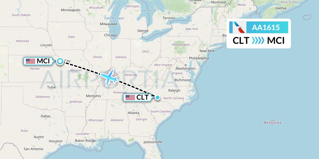 AA1615 American Airlines Flight Map: Charlotte to Kansas City