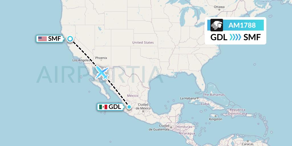 AM1788 Aeromexico Flight Map: Guadalajara to Sacramento