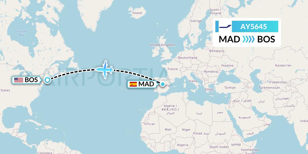 AY5645 Finnair Flight Map: Madrid to Boston