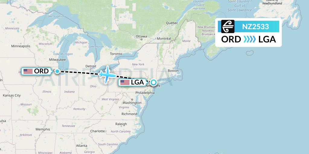 NZ2533 Air New Zealand Flight Map: Chicago to New York