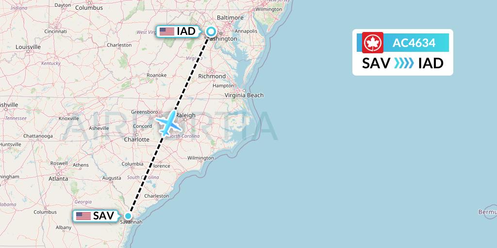 AC4634 Air Canada Flight Map: Savannah to Washington