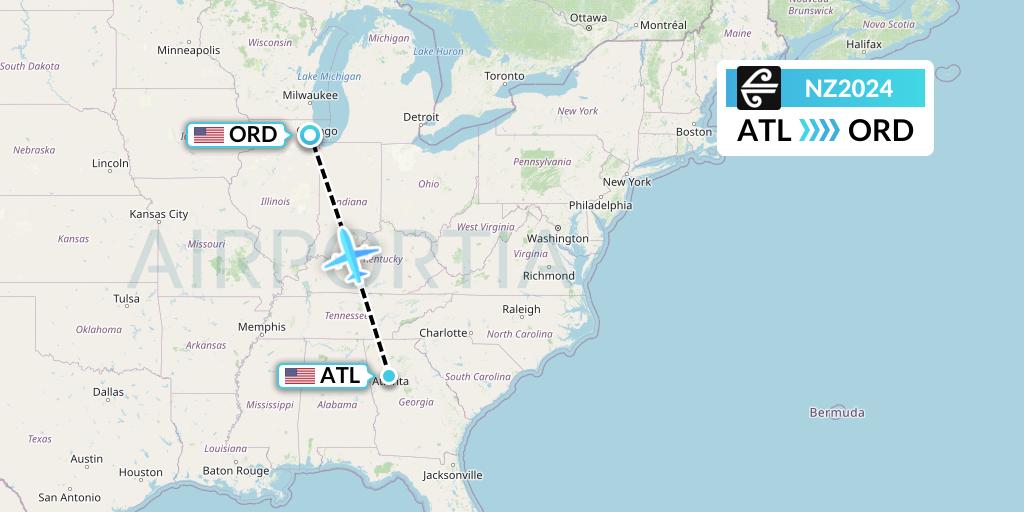 NZ2024 Air New Zealand Flight Map: Atlanta to Chicago