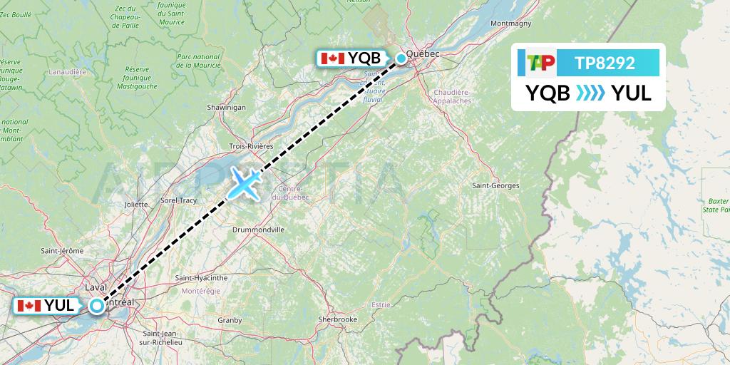 TP8292 TAP Portugal Flight Map: Quebec to Montreal