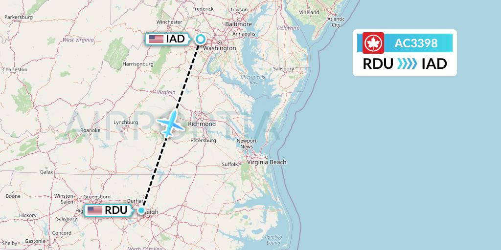 AC3398 Air Canada Flight Map: Raleigh-Durham to Washington