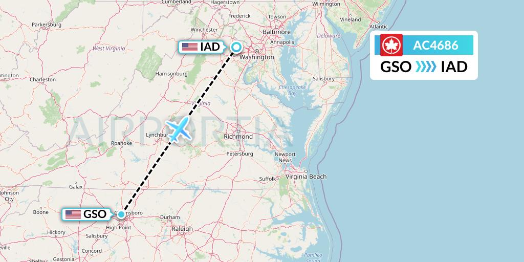 AC4686 Air Canada Flight Map: Greensboro to Washington