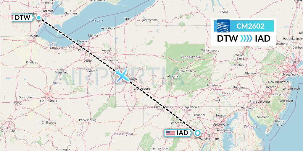 CM2602 Copa Airlines Flight Map: Detroit to Washington