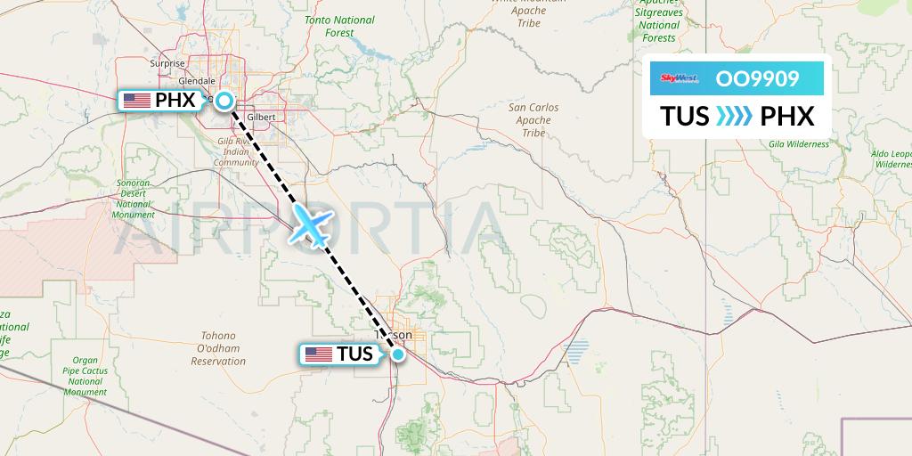 OO9909 SkyWest Airlines Flight Map: Tucson to Phoenix