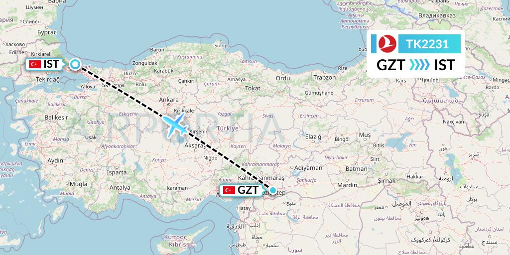 TK2231 Turkish Airlines Flight Map: Gaziantep to Istanbul