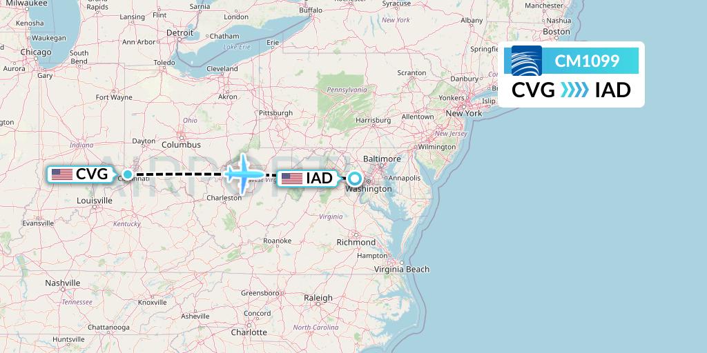 CM1099 Copa Airlines Flight Map: Cincinnati to Washington