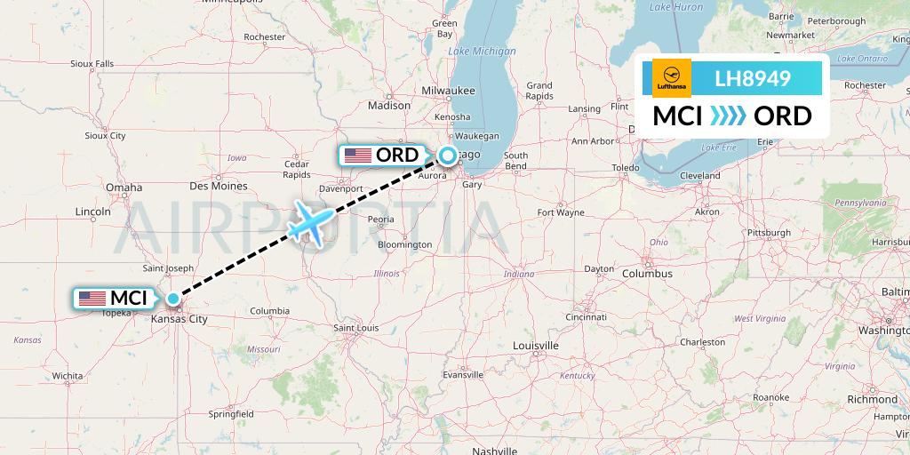 LH8949 Lufthansa Flight Map: Kansas City to Chicago
