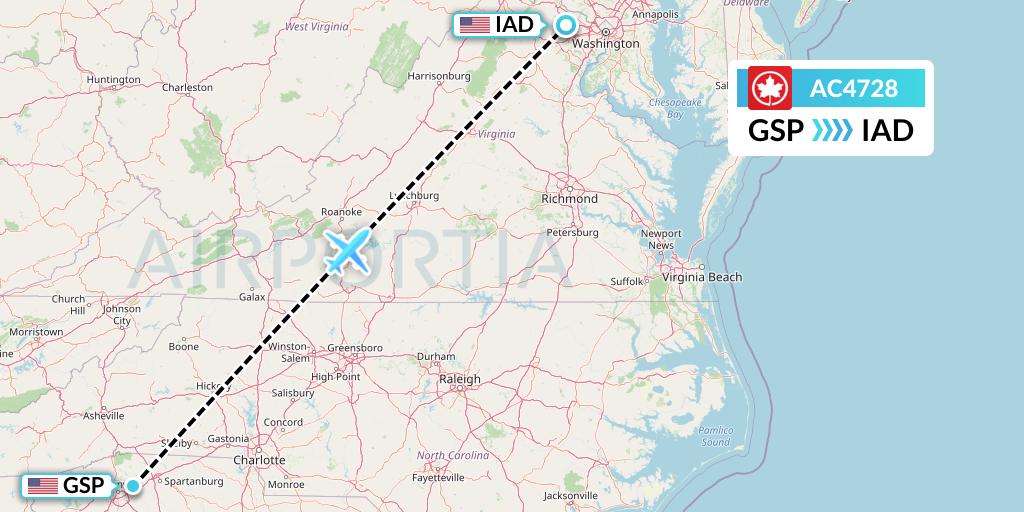 AC4728 Air Canada Flight Map: Greenville-Spartanburg to Washington