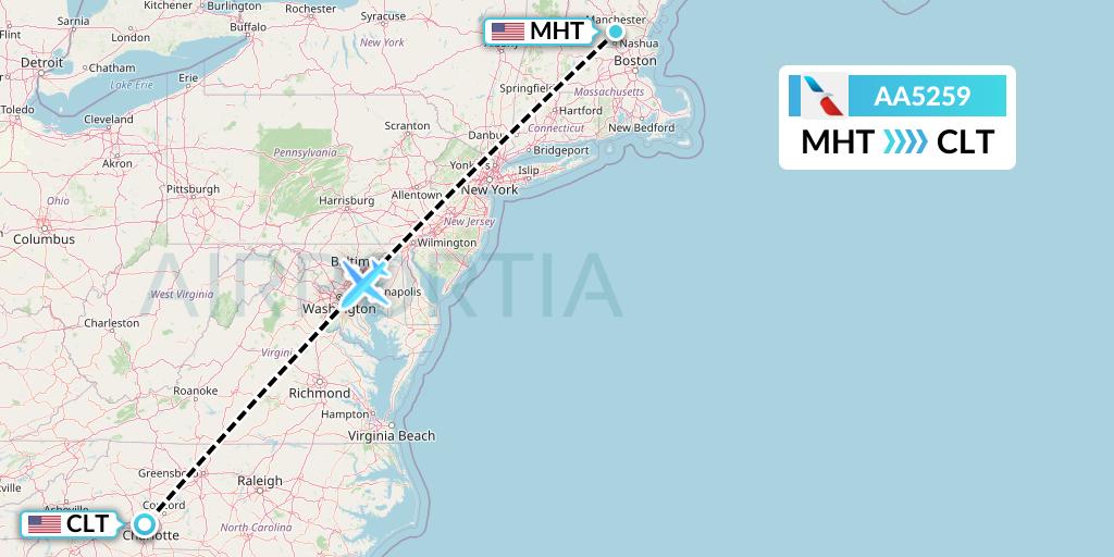 AA5259 American Airlines Flight Map: Manchester to Charlotte