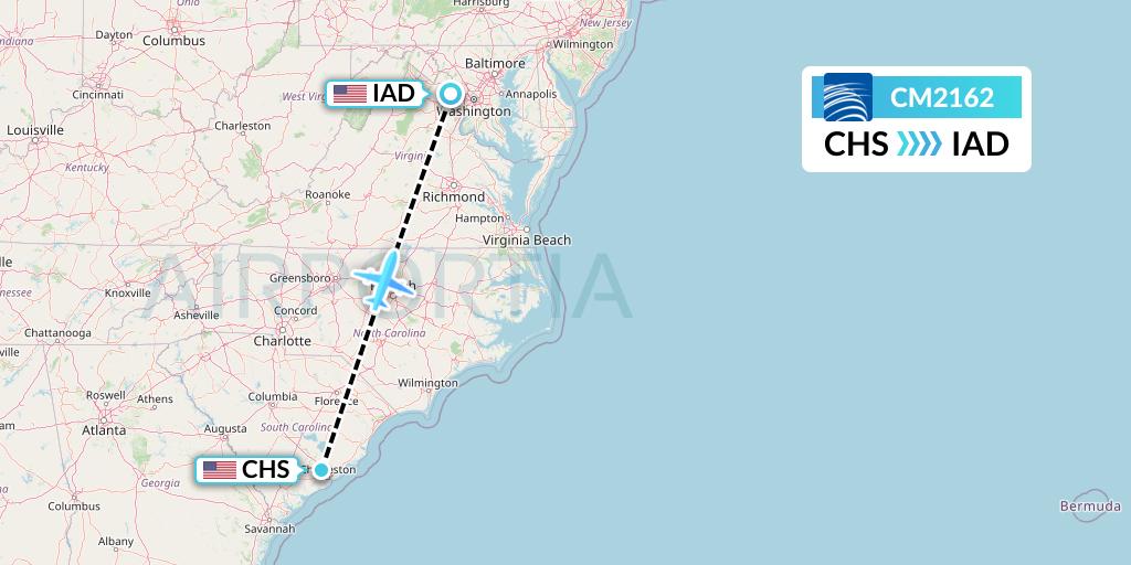 CM2162 Copa Airlines Flight Map: Charleston to Washington