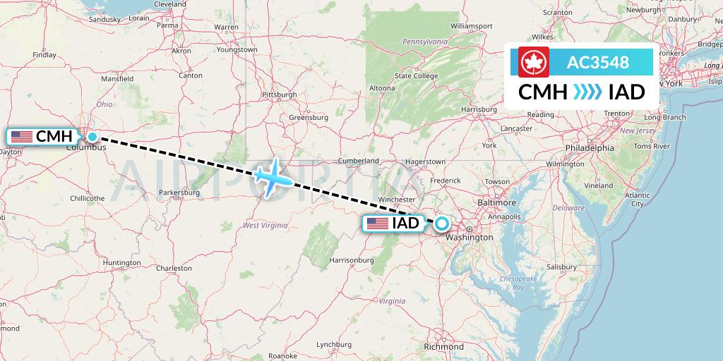 AC3548 Air Canada Flight Map: Columbus to Washington