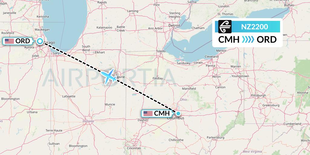 NZ2200 Air New Zealand Flight Map: Columbus to Chicago