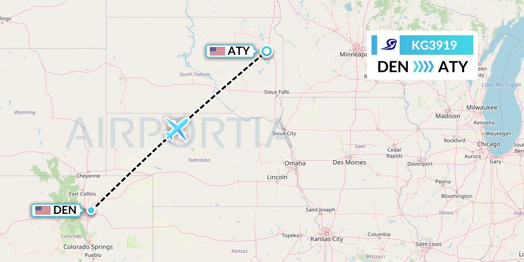 KG3919 Key Lime Air Flight Map: Denver to Watertown