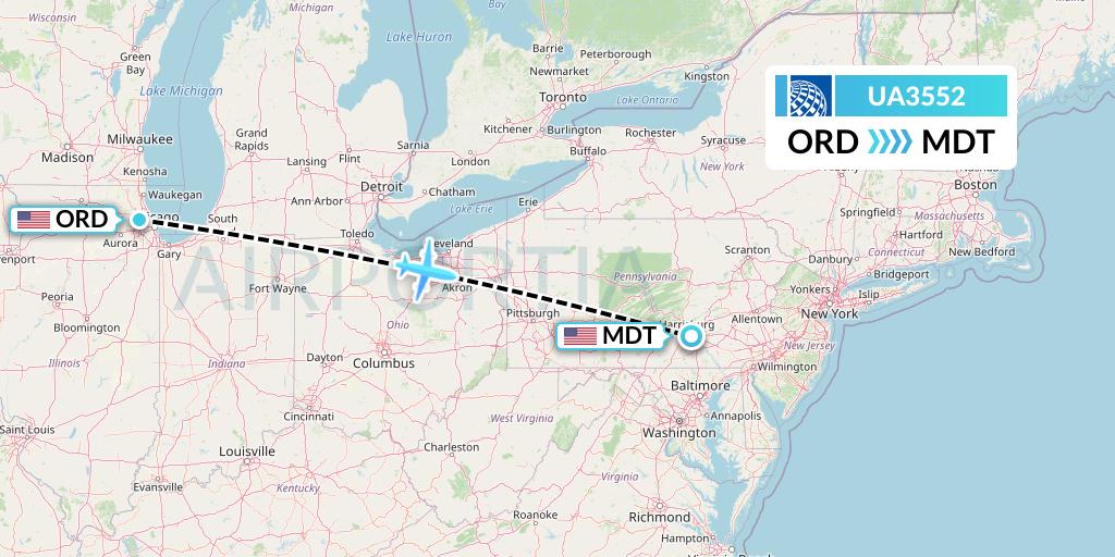 UA3552 United Airlines Flight Map: Chicago to Harrisburg