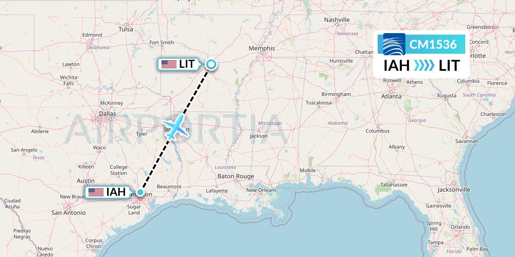 CM1536 Copa Airlines Flight Map: Houston to Little Rock