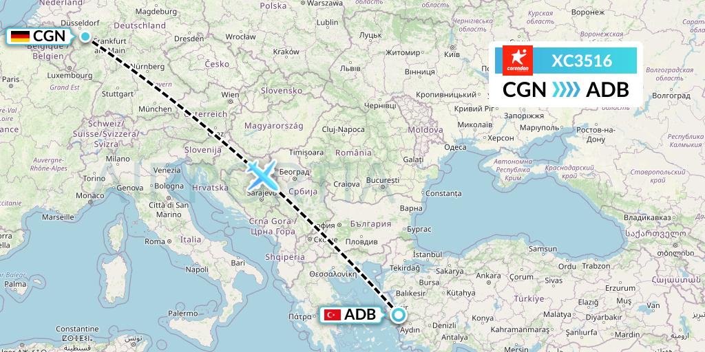 XC3516 Corendon Airlines Flight Map: Cologne to Izmir