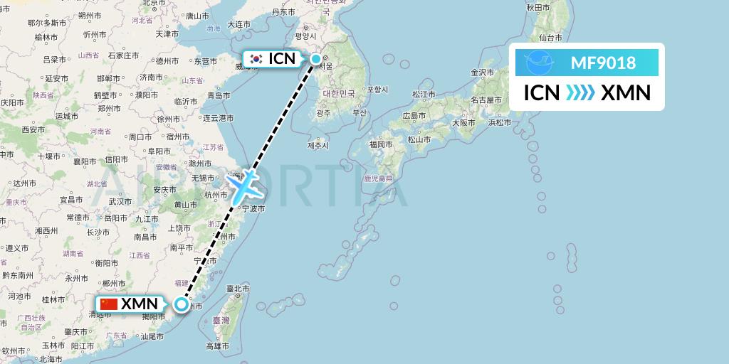 MF9018 Xiamen Airlines Flight Map: Seoul to Xiamen