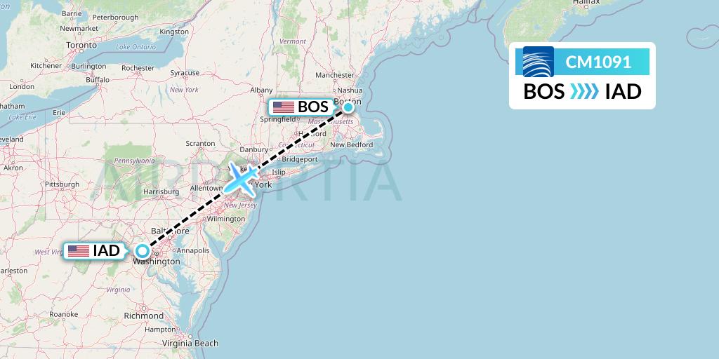 CM1091 Copa Airlines Flight Map: Boston to Washington