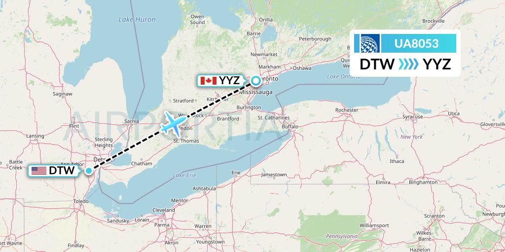 UA8053 United Airlines Flight Map: Detroit to Toronto