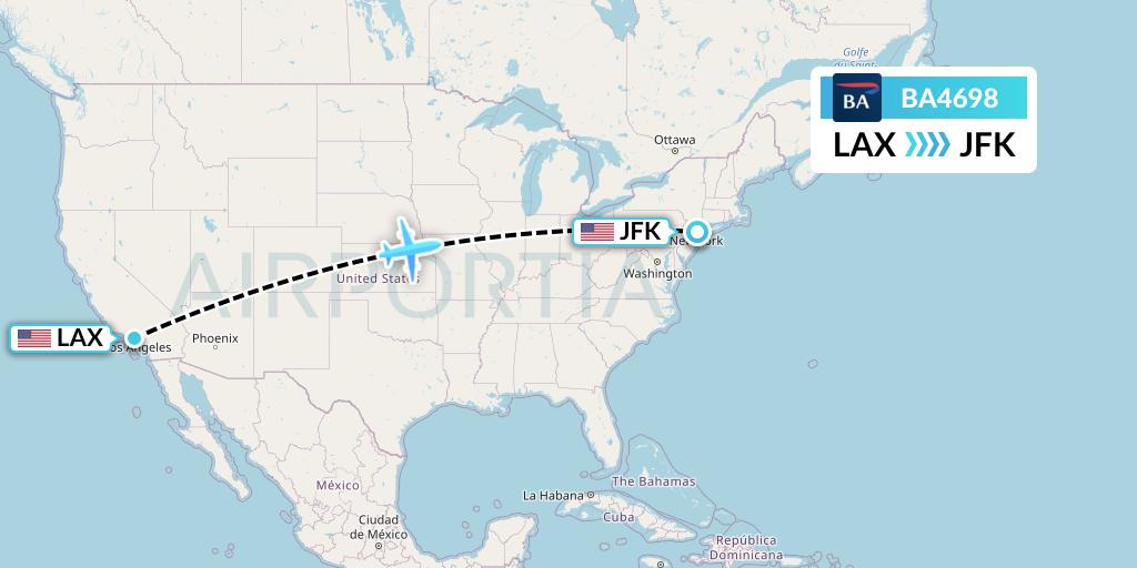 BA4698 British Airways Flight Map: Los Angeles to New York