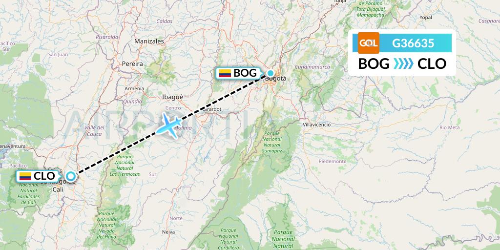 G36635 GOL Transportes Aeros Flight Map: Bogota to Cali
