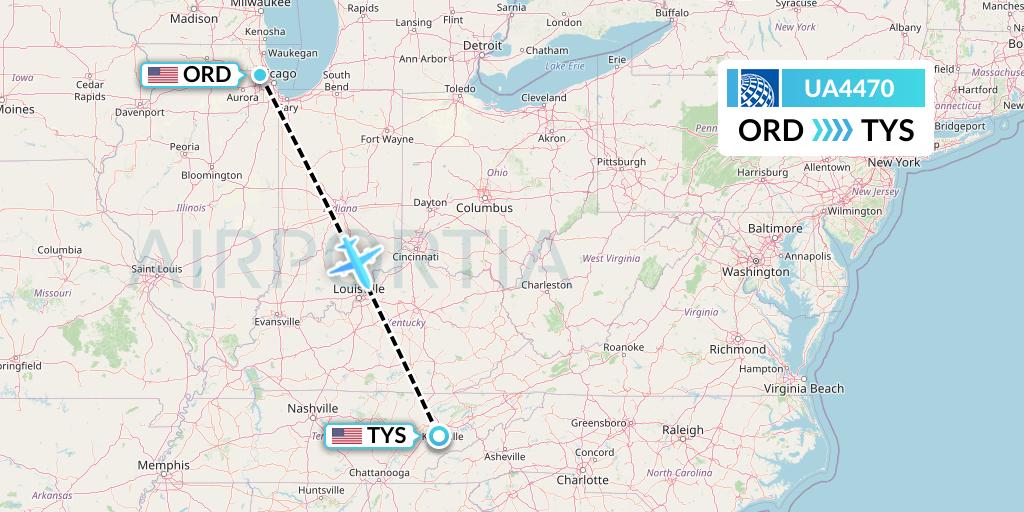 UA4470 United Airlines Flight Map: Chicago to Knoxville