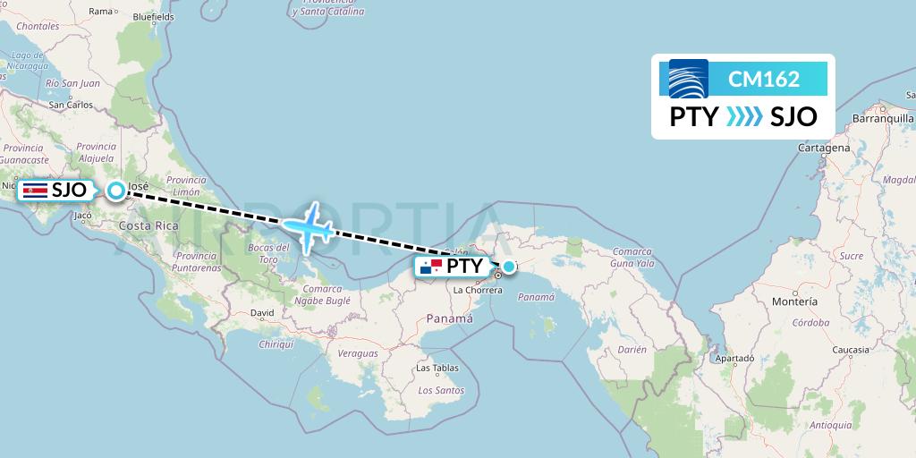 CM162 Copa Airlines Flight Map: Panama City to San Jose