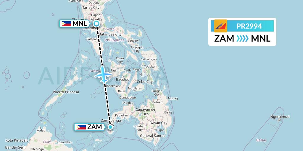 PR2994 Philippine Airlines Flight Map: Zamboanga to Manila