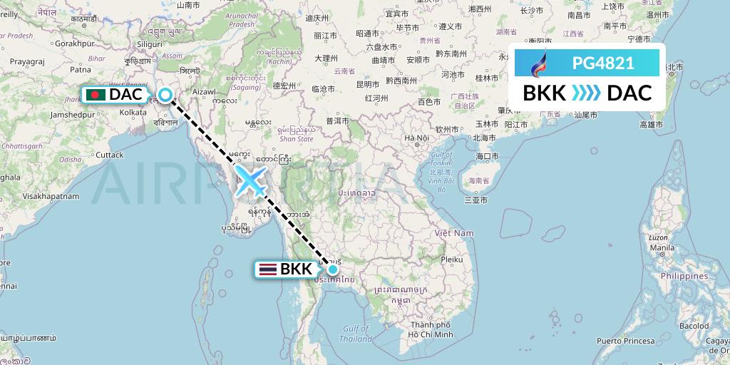 PG4821 Bangkok Airways Flight Map: Bangkok to Dhaka
