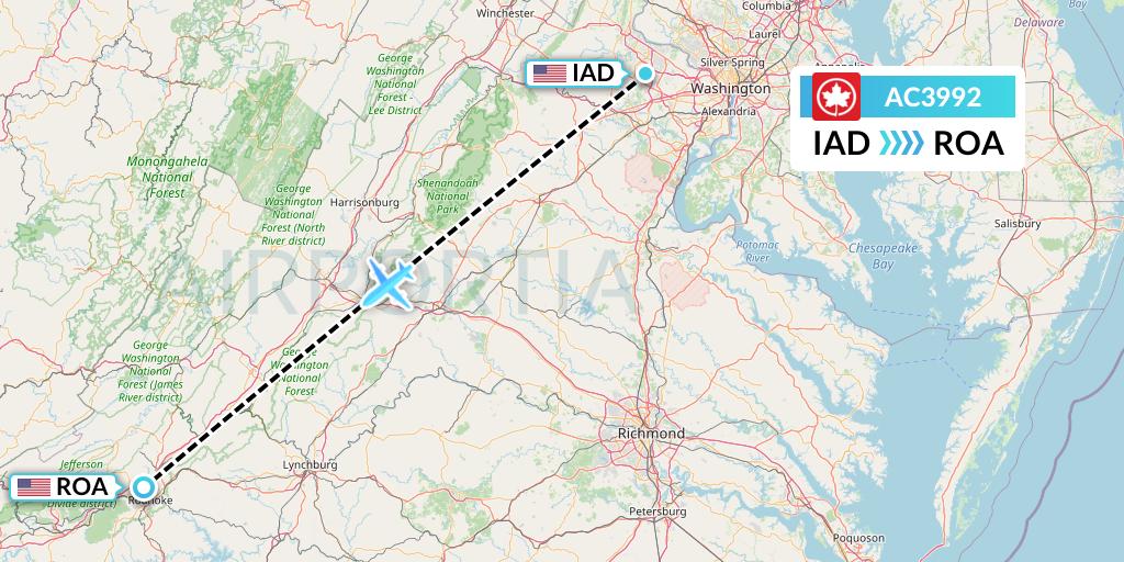 AC3992 Air Canada Flight Map: Washington to Roanoke