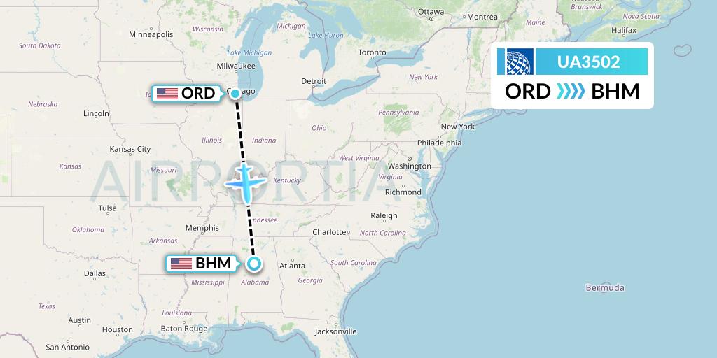UA3502 United Airlines Flight Map: Chicago to Birmingham