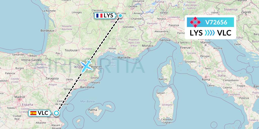 V72656 Volotea Flight Map: Lyon to Valencia