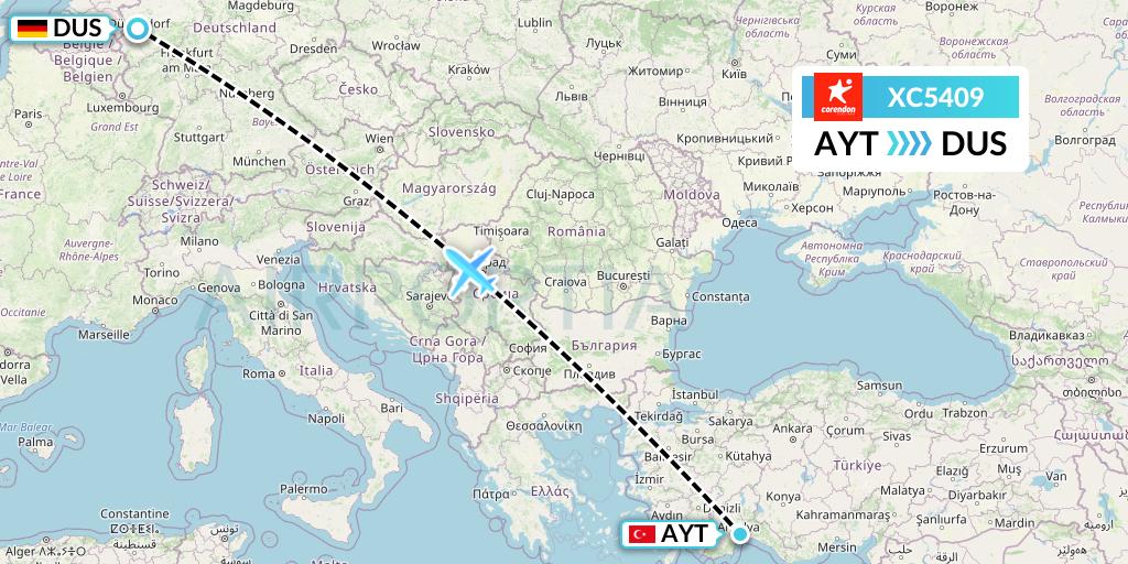 XC5409 Corendon Airlines Flight Map: Antalya to Dusseldorf