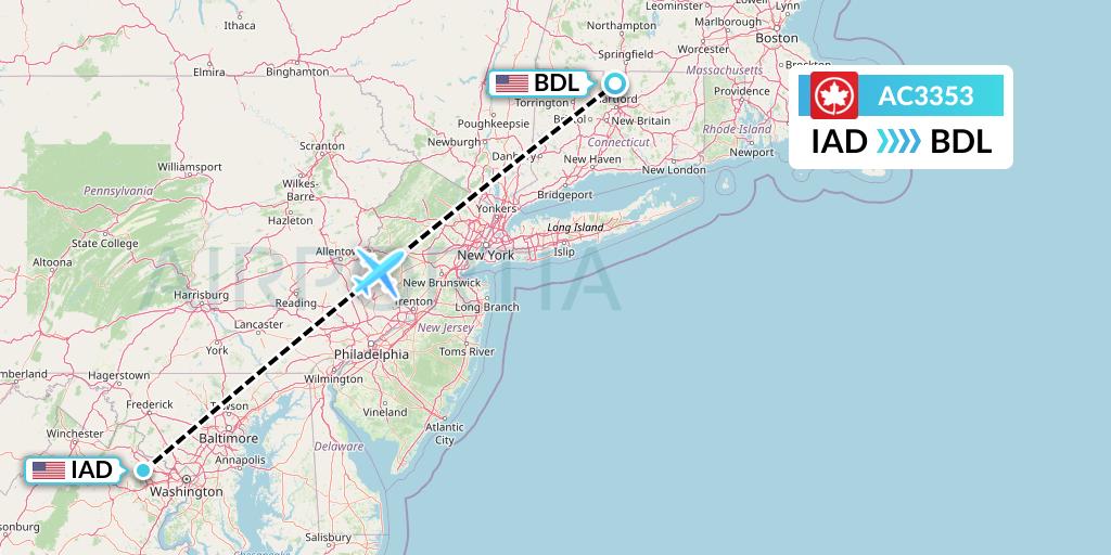 AC3353 Air Canada Flight Map: Washington to Windsor Locks