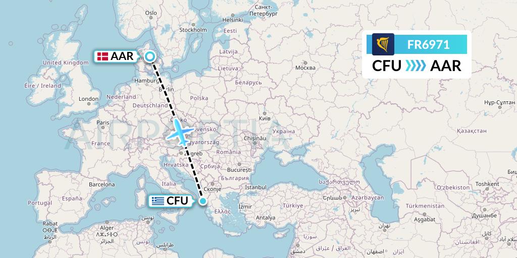 FR6971 Ryanair Flight Map: Corfu to Aarhus
