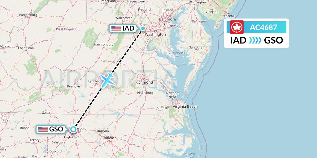 AC4687 Air Canada Flight Map: Washington to Greensboro