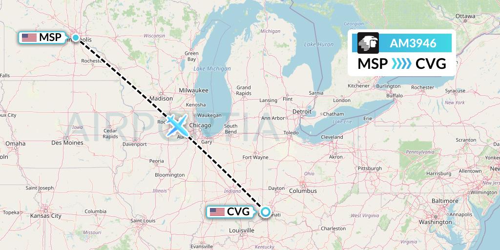 AM3946 Aeromexico Flight Map: Minneapolis to Cincinnati