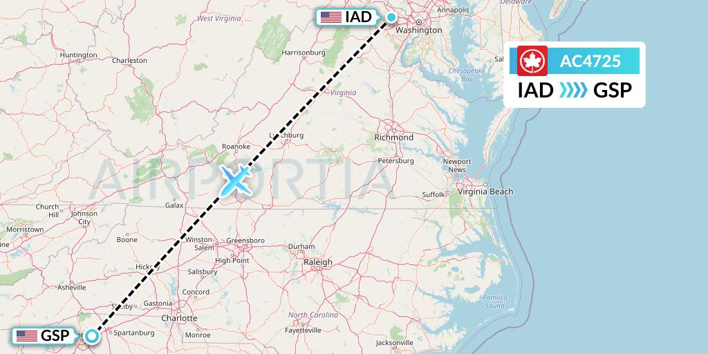 AC4725 Air Canada Flight Map: Washington to Greenville-Spartanburg