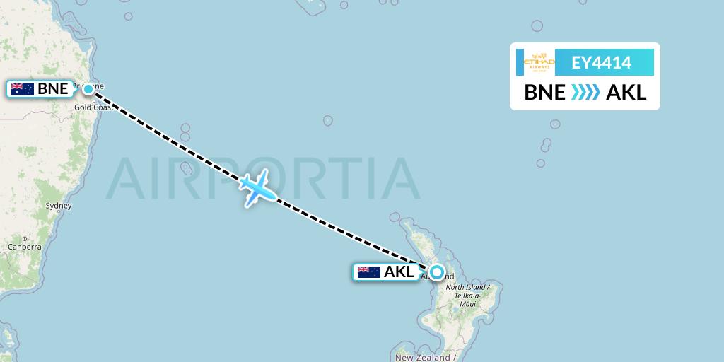 EY4414 Etihad Airways Flight Map: Brisbane to Auckland