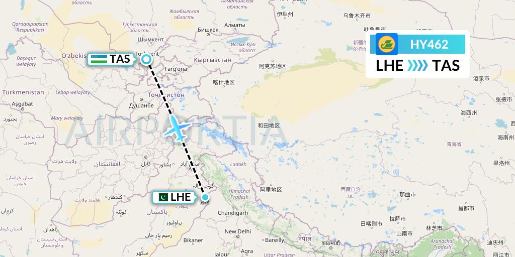 HY462 Uzbekistan Airways Flight Map: Lahore to Tashkent