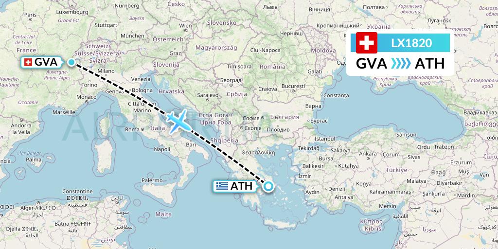 LX1820 Swiss Flight Map: Geneva to Athens