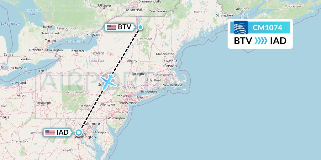 CM1074 Copa Airlines Flight Map: Burlington to Washington