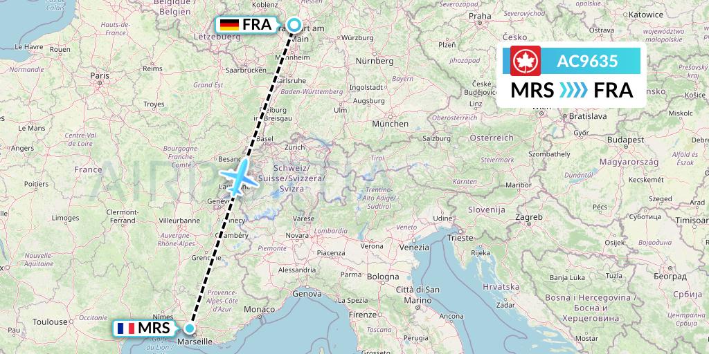 AC9635 Air Canada Flight Map: Marseille to Frankfurt