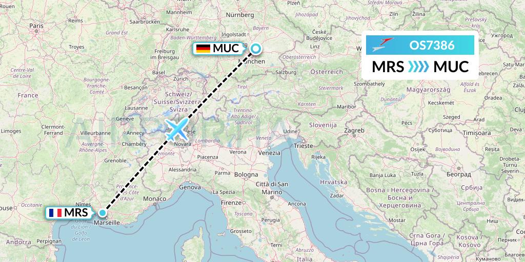 OS7386 Austrian Airlines Flight Map: Marseille to Munich