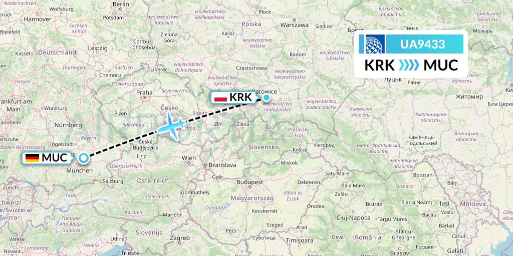 UA9433 United Airlines Flight Map: Krakow to Munich
