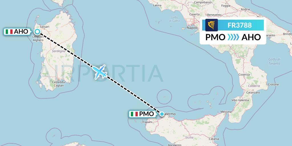 FR3788 Ryanair Flight Map: Palermo to Alghero