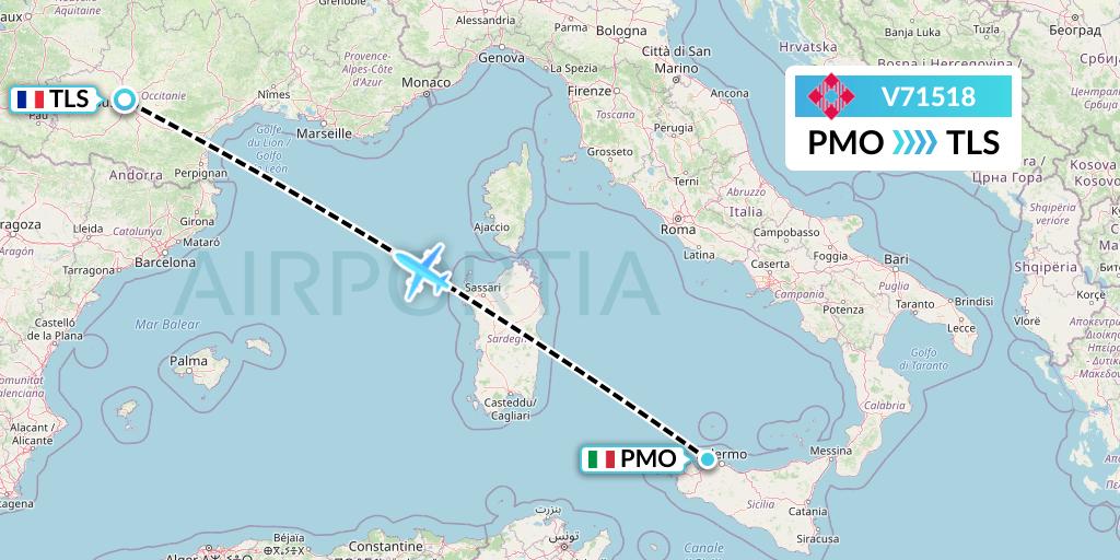 V71518 Volotea Flight Map: Palermo to Toulouse